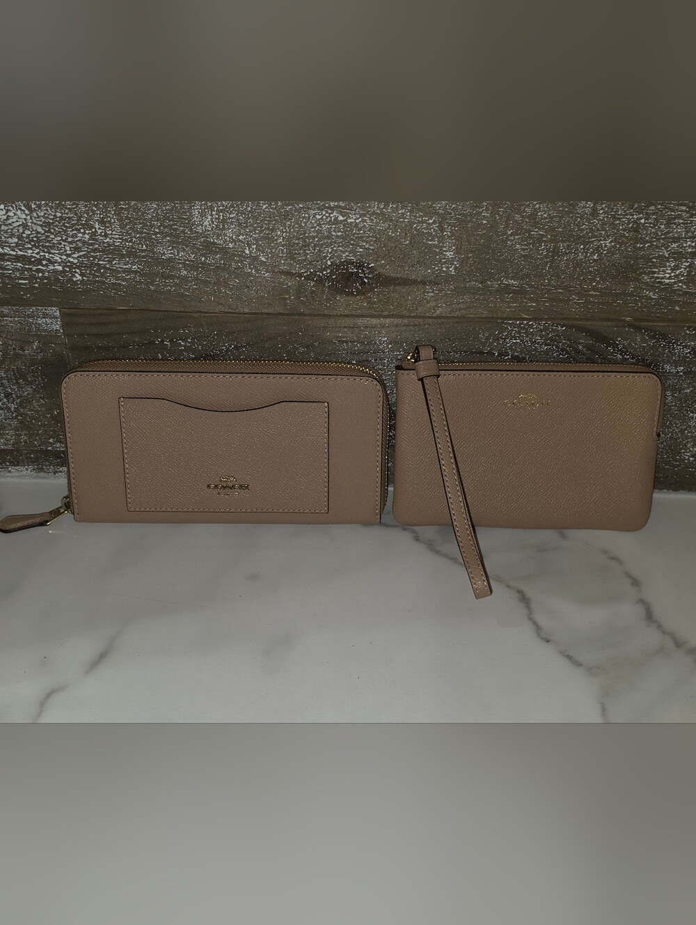 Coach Taupe Saffiano Leather Wristlet and Zip Wallet Set